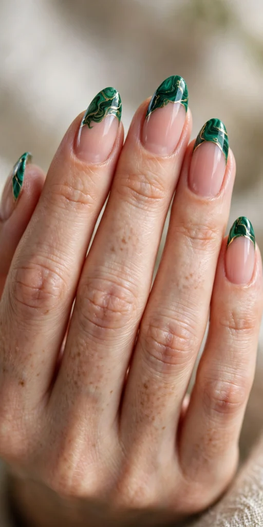 Almond nails with emerald green malachite marble French tips with dark green swirls and fine gold veining over a sheer blush base.