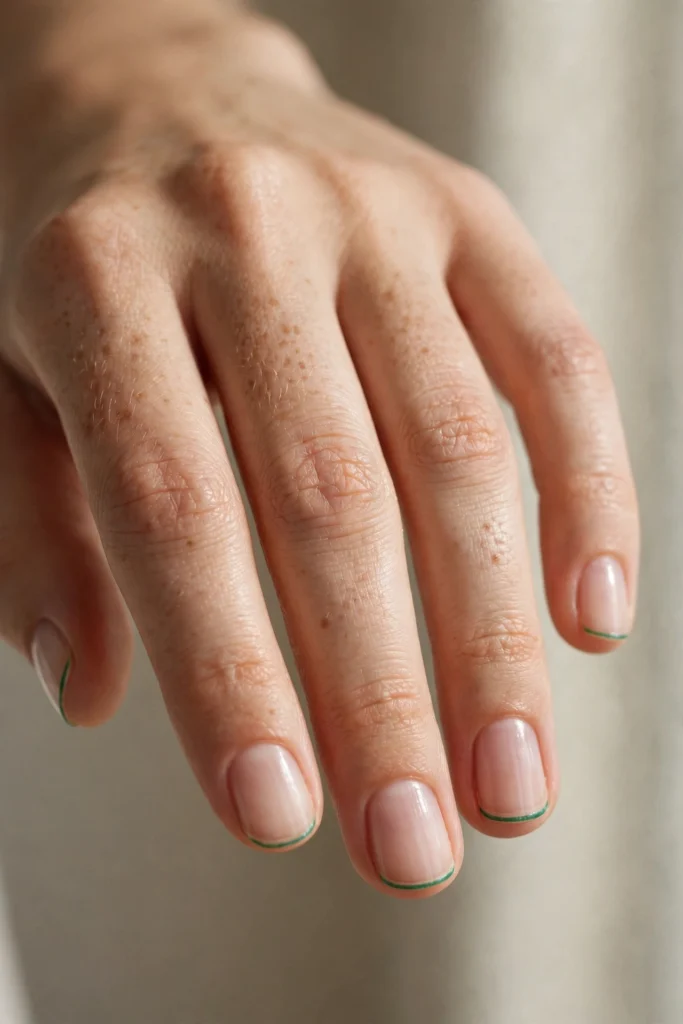 Short natural nails with very thin micro emerald green French tip lines over a clean sheer base.