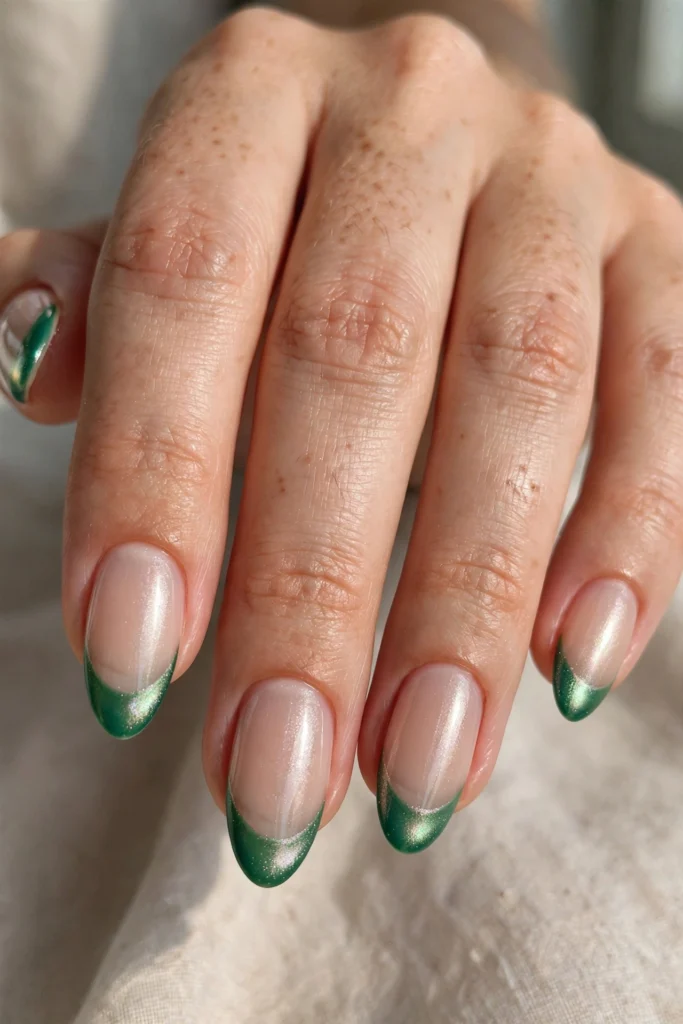 Almond nails with emerald green French tips finished with a fine pearlescent shimmer over a sheer nude base.