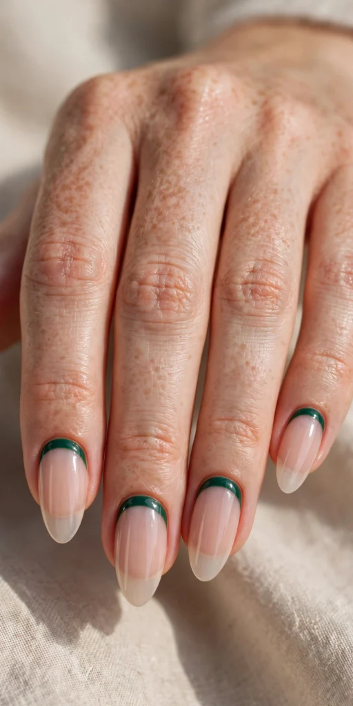 Almond nails with a reverse French design, a deep emerald green crescent band along the cuticle over a glossy sheer base.