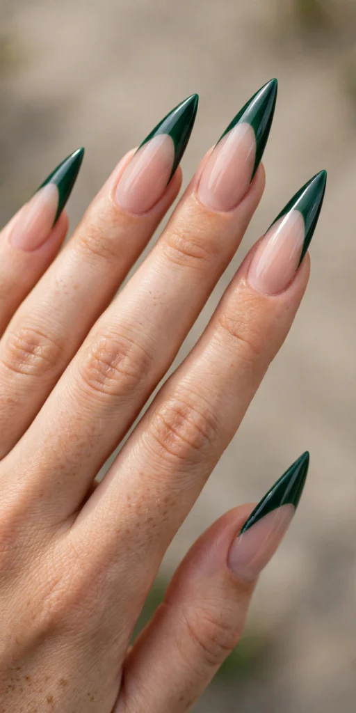 Long stiletto nails with deep glossy emerald green French tips over a sheer nude base.