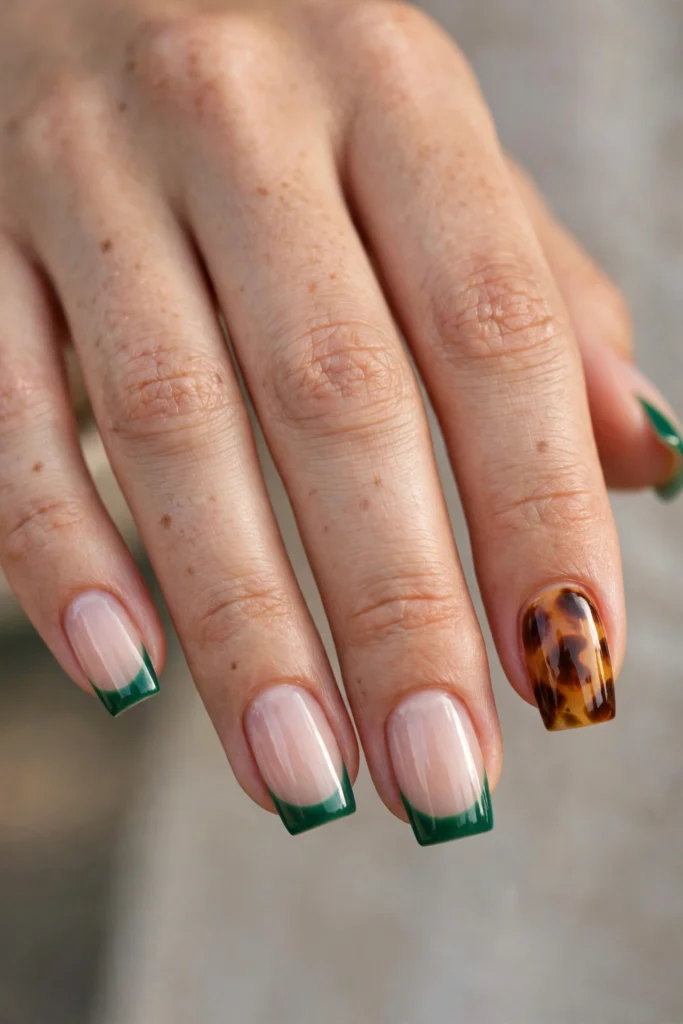 Medium square nails with emerald green French tips and one warm tortoiseshell-pattern accent nail.