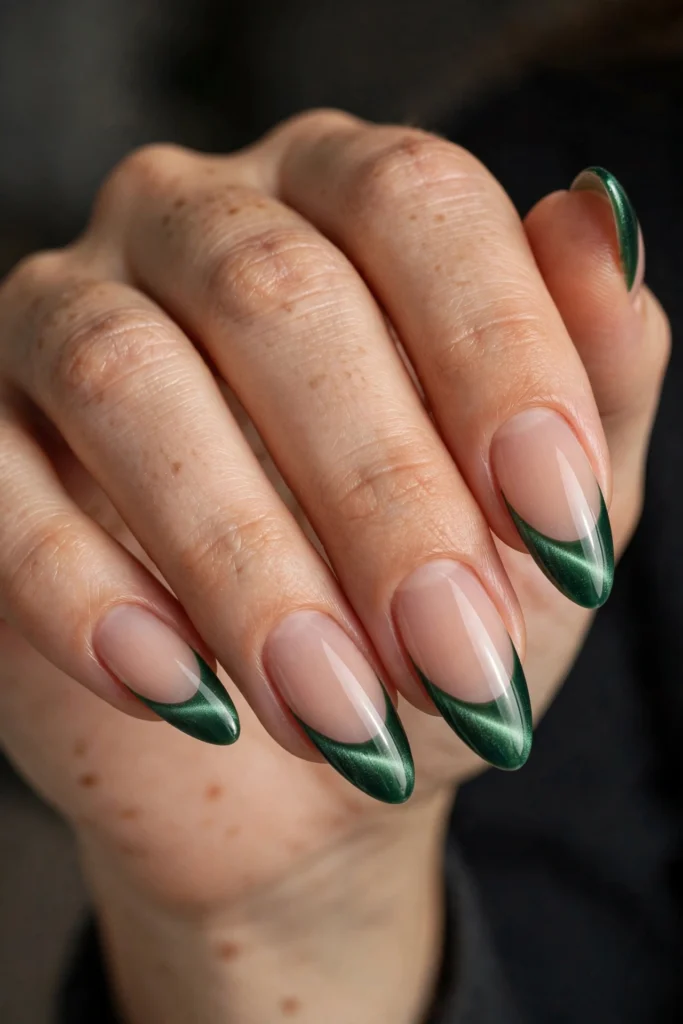 Long almond nails with magnetic velvet cat-eye emerald French tips that shimmer as the light moves.