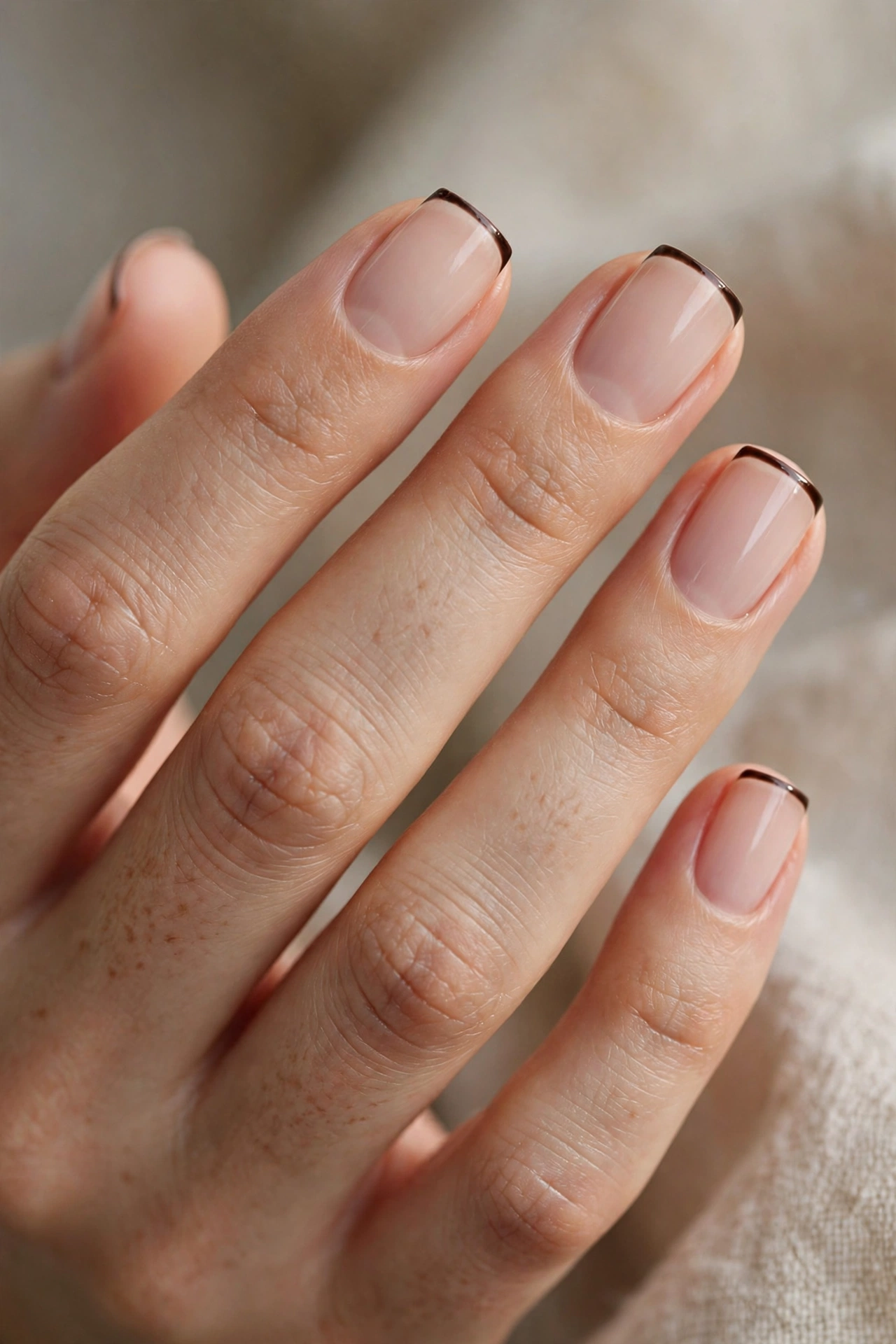 Close-up of short square nails with ultra-thin espresso-brown micro French tips