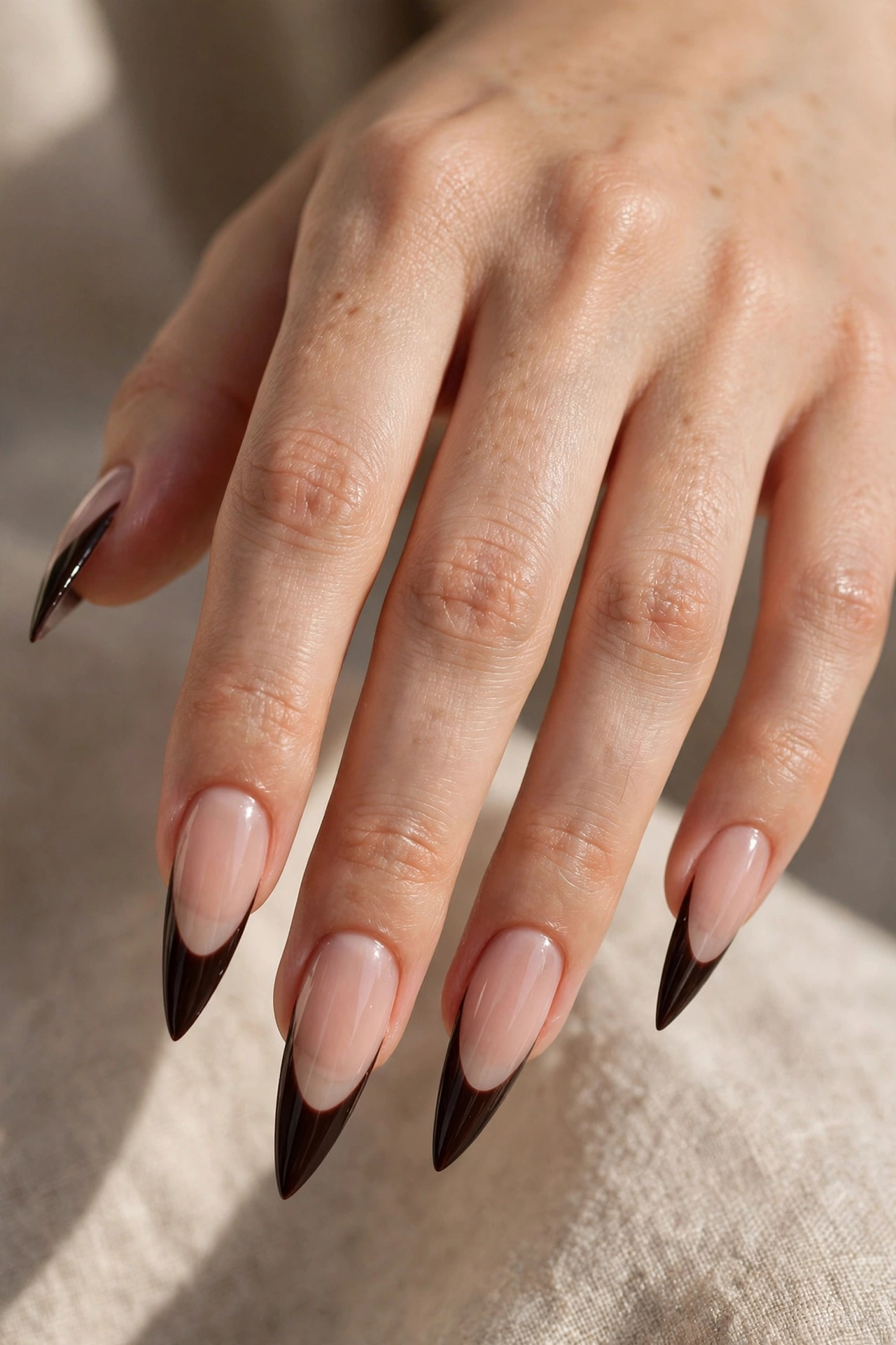 Close-up of long stiletto nails with deep espresso-brown French tips