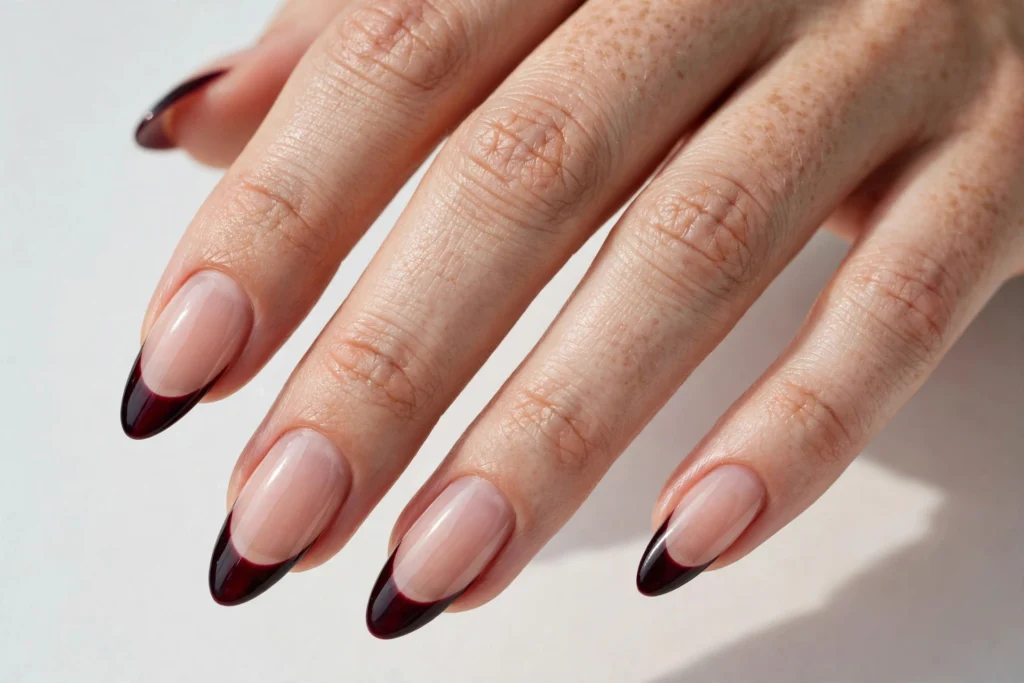 Fall French tip nails with black cherry tips in a very deep red-purple on a sheer nude base, shown on long almond nails.