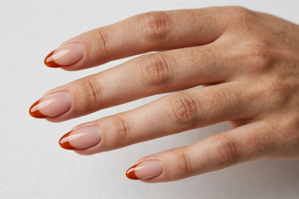Fall French tip nails with burnt orange glossy tips on a sheer nude base, shown on medium almond nails.