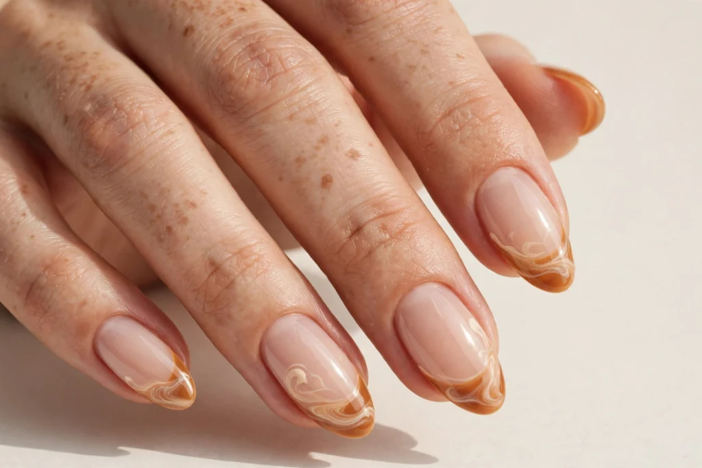 Fall French tip nails with warm caramel tips with a soft cream swirl on a sheer nude base, shown on medium almond nails.