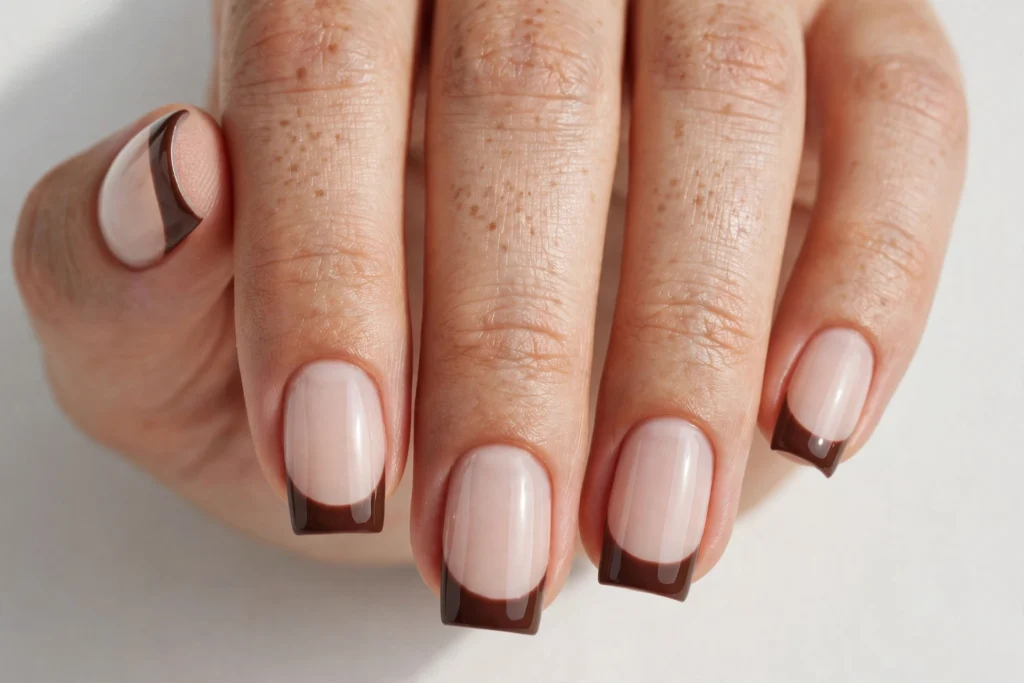 Fall French tip nails with chocolate brown glossy tips on a milky nude base, shown on medium square nails.