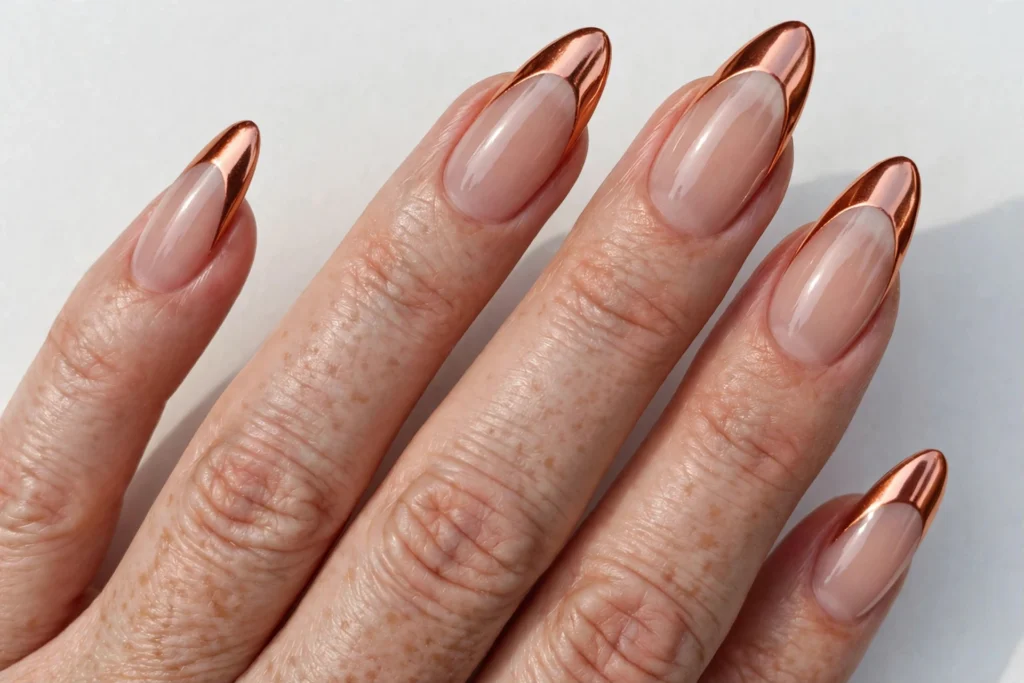 Fall French tip nails with copper chrome mirror tips on a sheer nude base, shown on long almond nails.