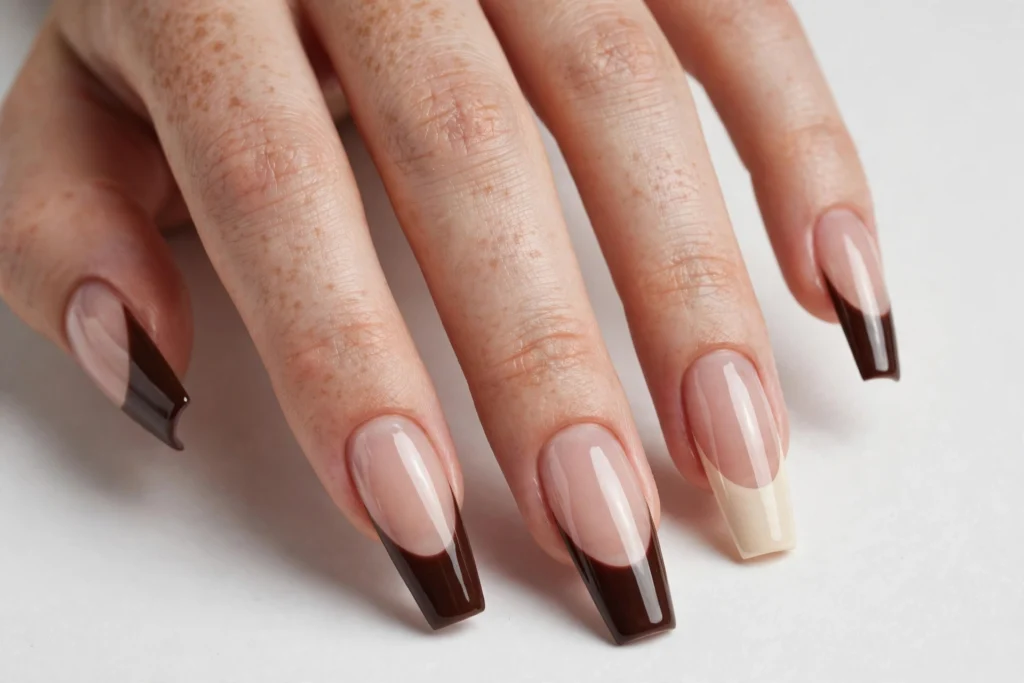 Fall French tip nails with deep espresso brown tips and one cream accent tip on a sheer nude base, shown on long coffin nails.