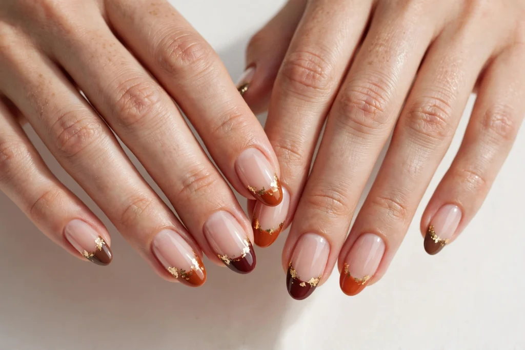 Fall French tip nails with burnt orange, burgundy, and chocolate tips and gold foil accents on a sheer nude base, shown on a woman's hands against a white and soft beige background.