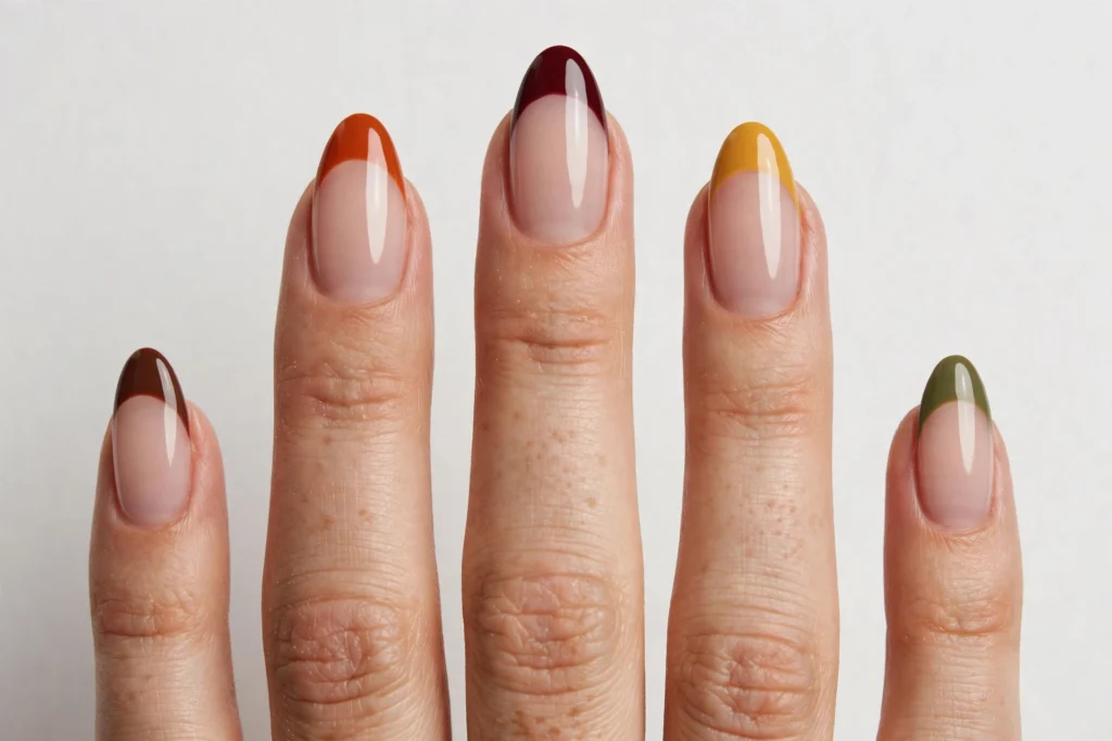 Fall French tip nails with a different autumn tip color on each nail, including burnt orange, burgundy, mustard, olive, and chocolate, on a sheer nude base, shown on medium almond nails.