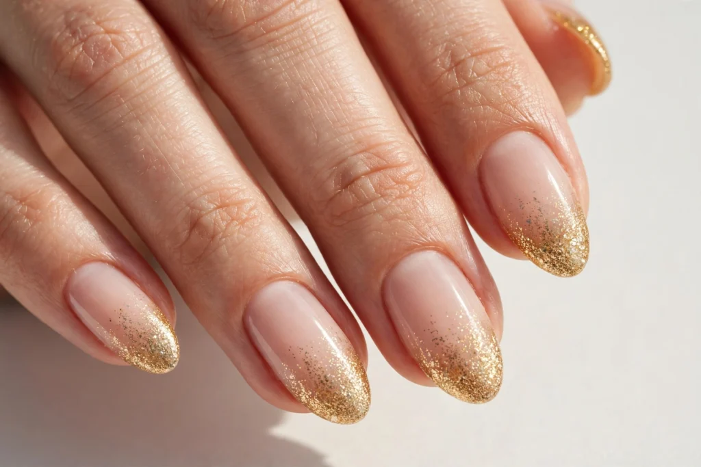 Fall French tip nails with gold glitter tips fading into a sheer nude base, shown on medium almond nails.