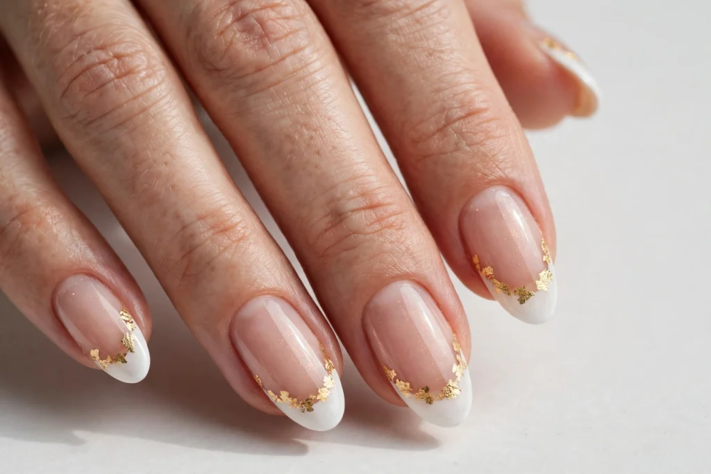 Fall French tip nails with white tips and irregular gold leaf foil flakes along the smile line on a sheer nude base, shown on medium almond nails.