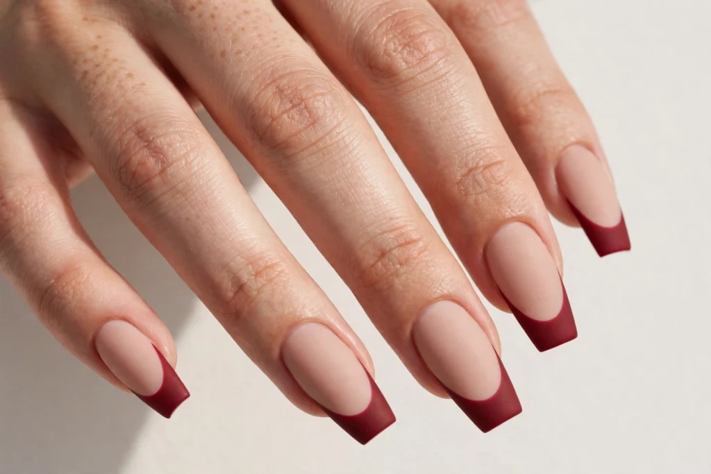 Fall French tip nails with matte wine red tips on a soft matte nude base, shown on medium coffin nails.