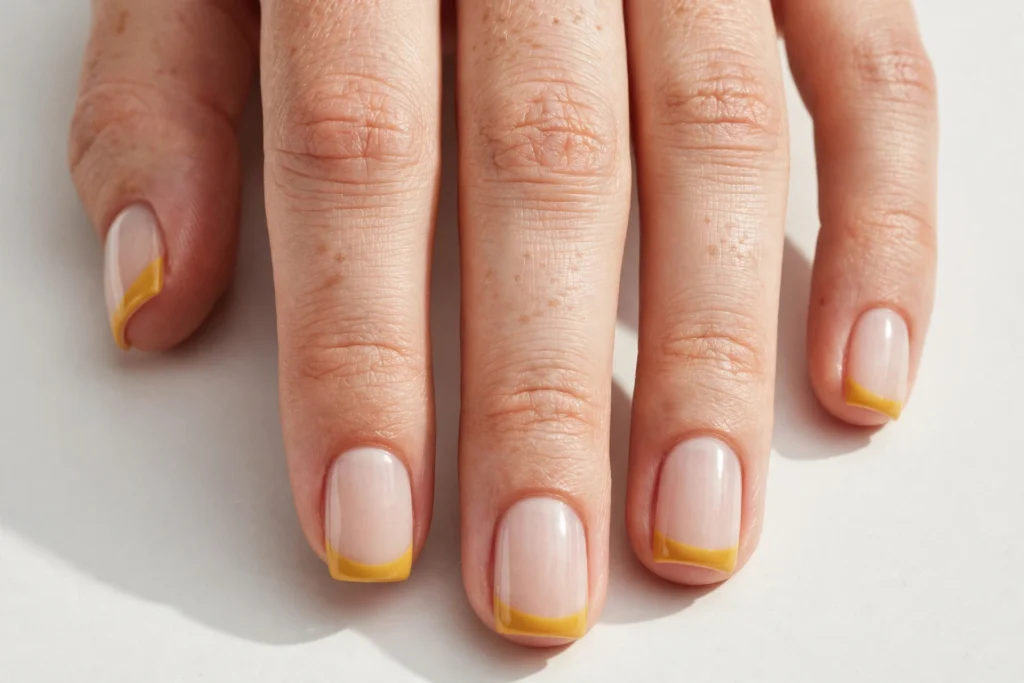 Fall French tip nails with mustard yellow tips on a milky nude base, shown on short square nails.