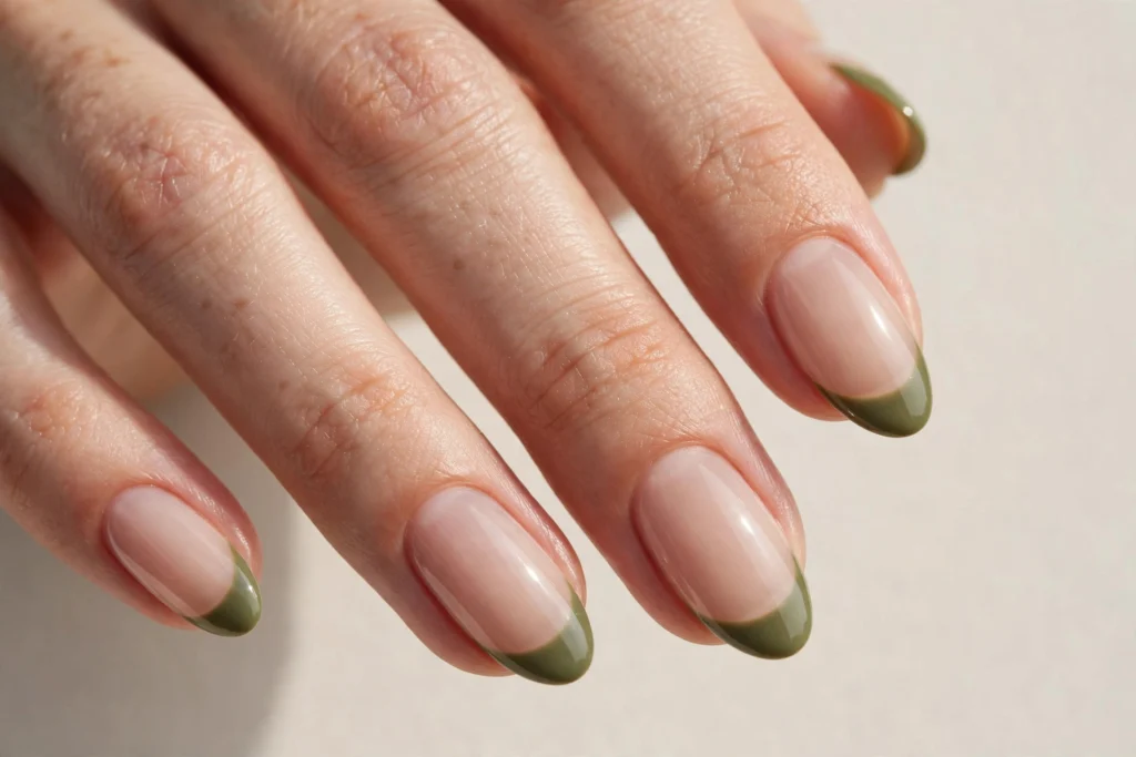 Fall French tip nails with olive green tips on a sheer nude base, shown on medium almond nails.