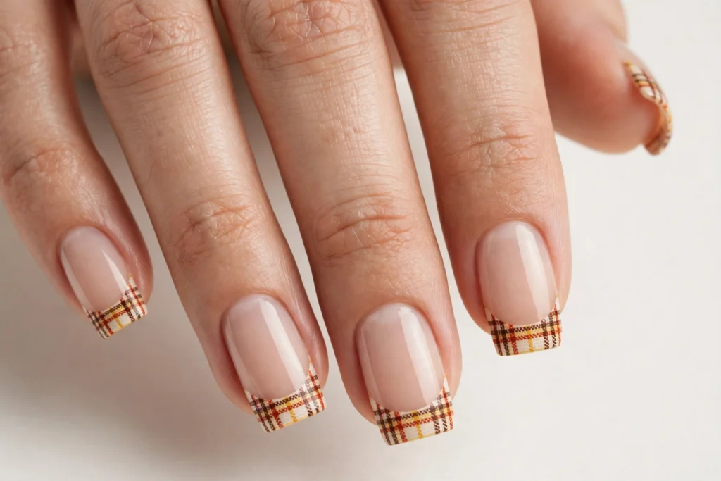 Fall French tip nails with plaid tips in cream, rust, mustard, and brown lines on a sheer nude base, shown on medium square nails.