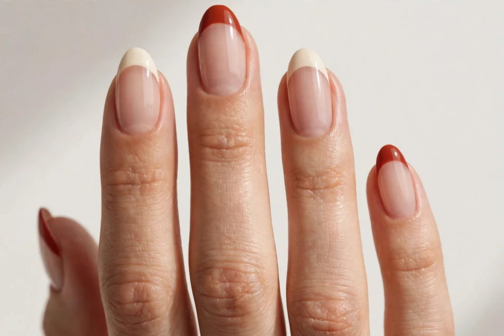 Fall French tip nails alternating rust red and cream tips on a sheer nude base, shown on medium almond nails.