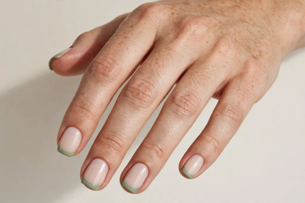 Fall French tip nails with soft sage green tips on a milky nude base, shown on short squoval nails.