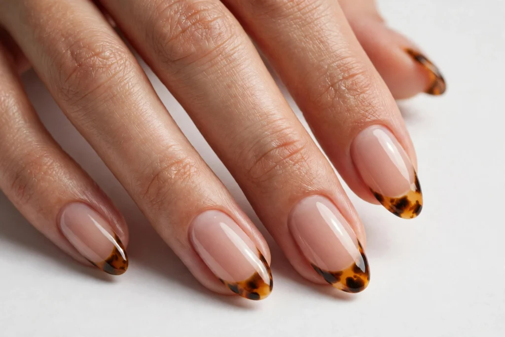 Fall French tip nails with tortoiseshell tips in mottled amber, caramel, and dark brown on a sheer nude base, shown on medium almond nails.