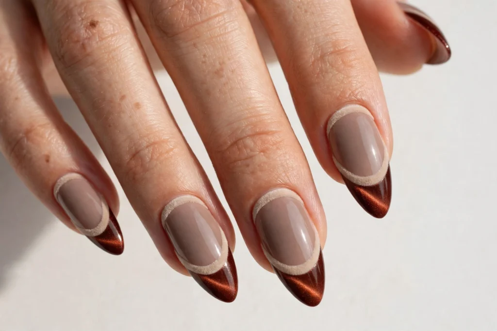 Fall French tip nails with deep rust cat-eye magnetic tips with a soft velvet light band on a smoky nude base, shown on long almond nails.