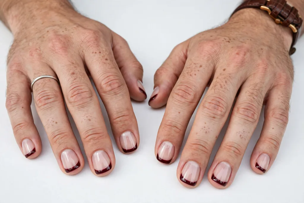 Father's Day French tip nails with deep burgundy glossy tips on a sheer natural base, shown on a man's hands with short squoval nails.