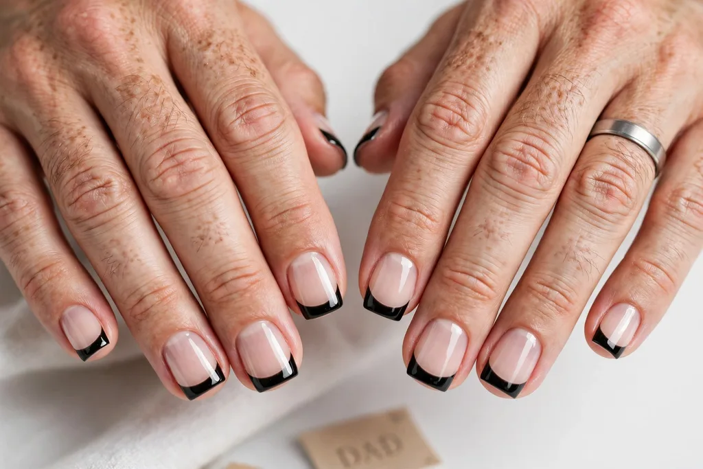 Father's Day French tip nails with glossy black tips on a clear natural base, shown on a man's hands with short square nails.