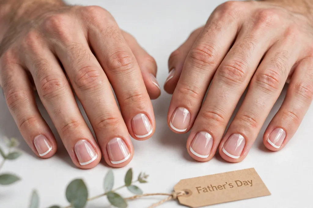 Father's Day French tip nails with a clear glossy finish over natural nails and a neatly defined pale tip edge, shown on a man's hands with short, well-groomed nails.