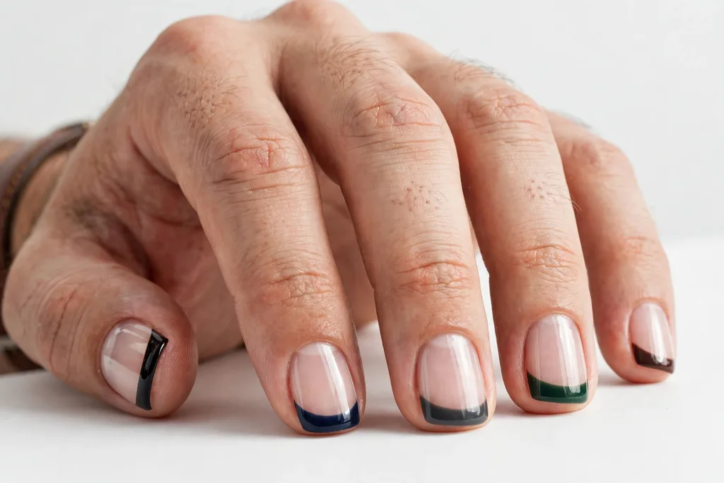 Father's Day French tip nails with a different dark tip color on each nail, including black, navy, charcoal, forest green, and chocolate brown, on a clear base, shown on a man's hands with short squoval nails.