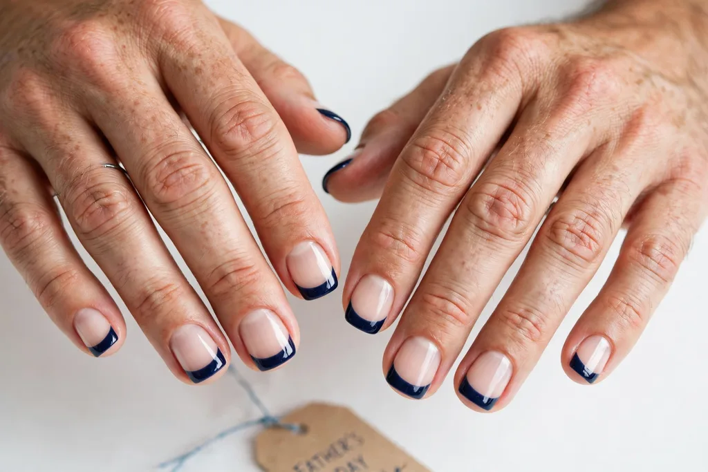 Father's Day French tip nails with deep navy blue glossy tips on a clear natural base, shown on a man's hands with short squoval nails.