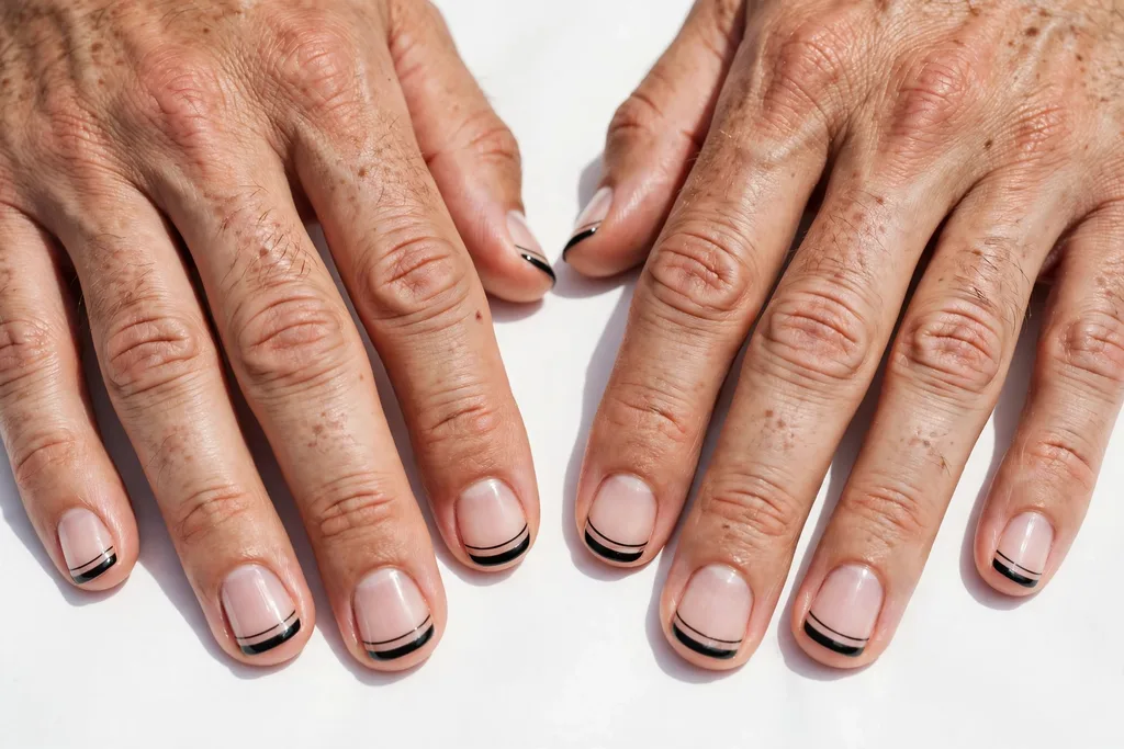 Father's Day French tip nails with a black tip edged by a second thin black line below the smile line on a clear base, shown on a man's hands with short squoval nails.