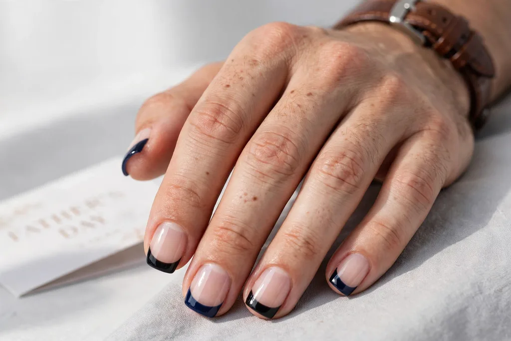Father's Day French tip nails with deep navy and black tips and a clear glossy finish on a natural base, shown on a man's hands with short, neatly groomed nails against a white and grey background.
