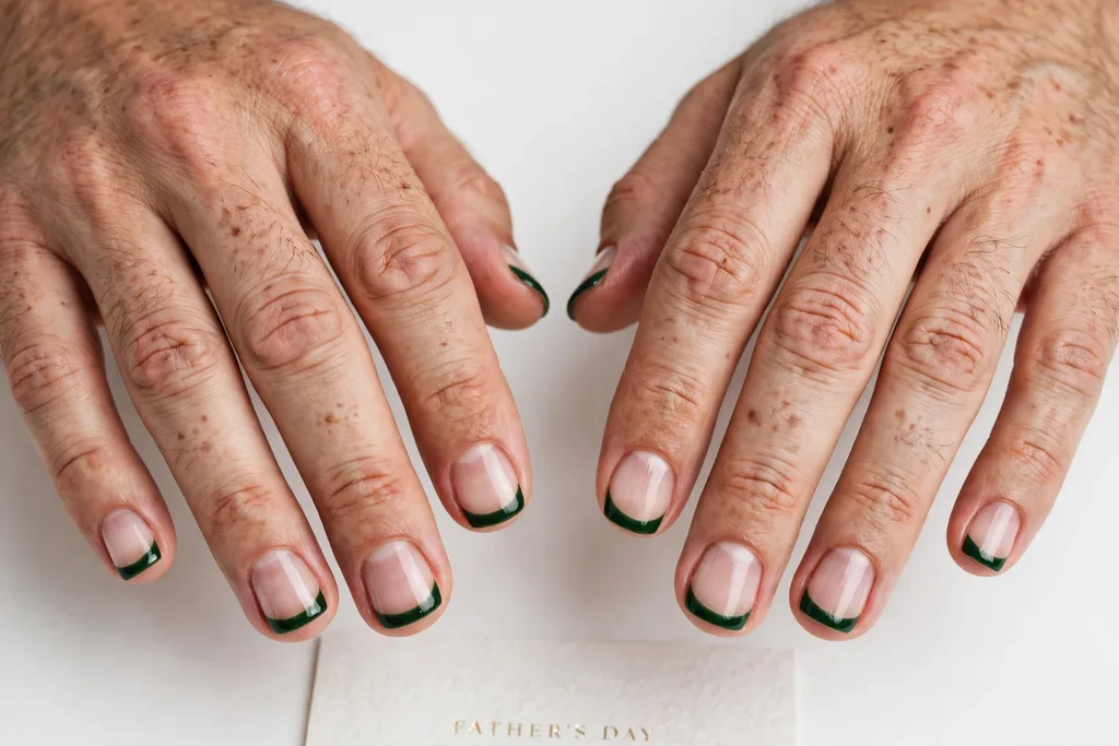 Father's Day French tip nails with deep forest green glossy tips on a clear natural base, shown on a man's hands with short squoval nails.
