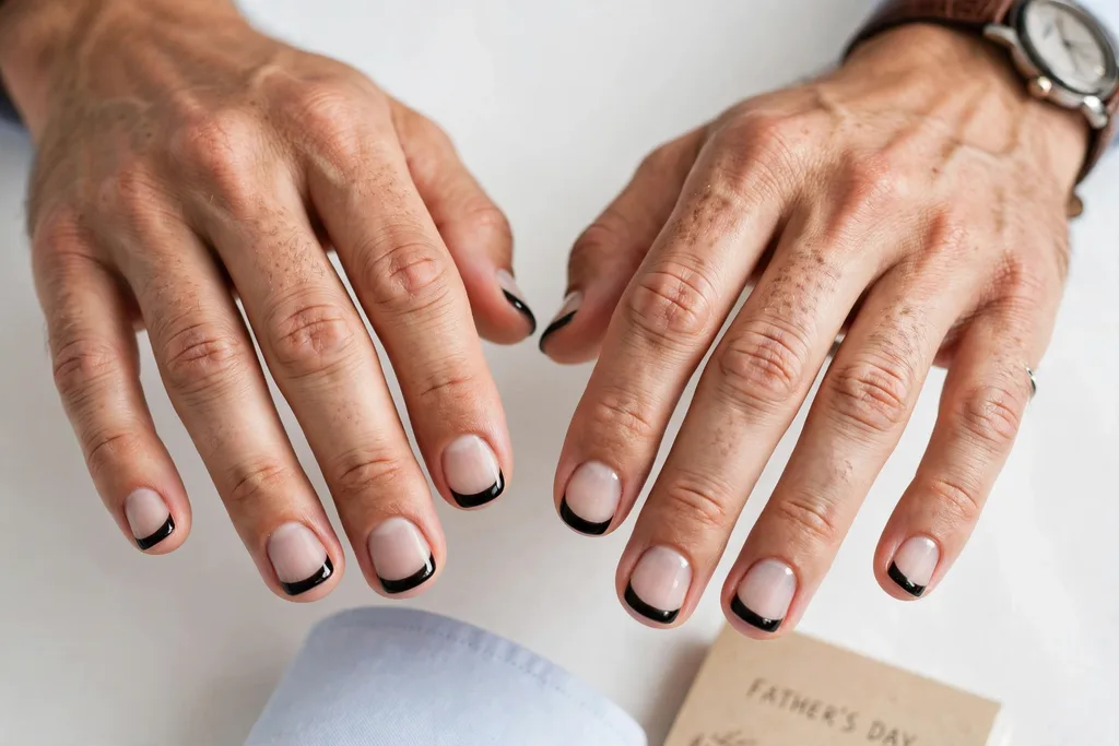Father's Day French tip nails with glossy black tips over a matte clear base for a subtle finish contrast, shown on a man's hands with short squoval nails.
