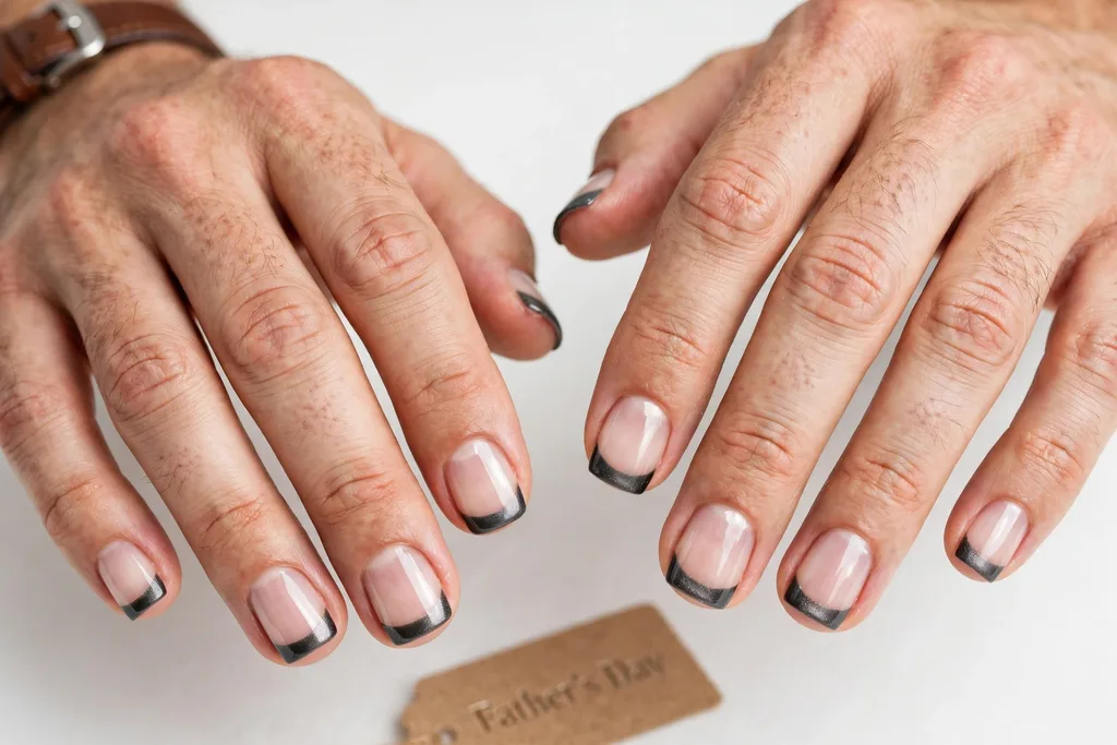 Father's Day French tip nails with dark gunmetal grey tips with a subtle metallic sheen on a clear base, shown on a man's hands with short square nails.