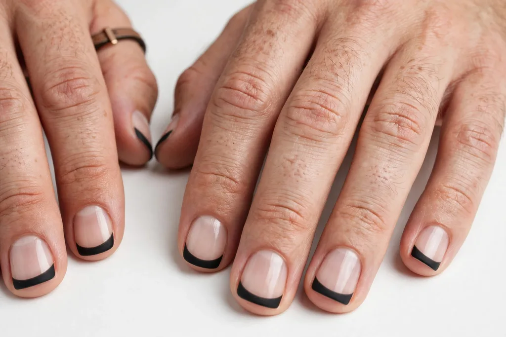 Father's Day French tip nails with matte black tips on a clear natural base, shown on a man's hands with short squoval nails.
