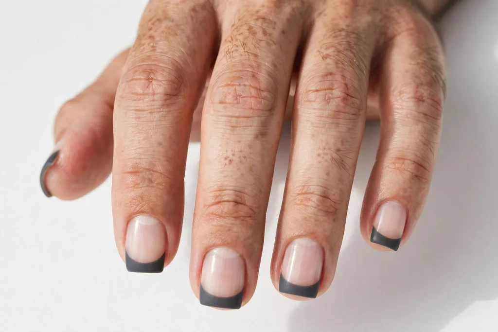 Father's Day French tip nails with matte charcoal grey tips on a clear natural base, shown on a man's hands with short square nails.
