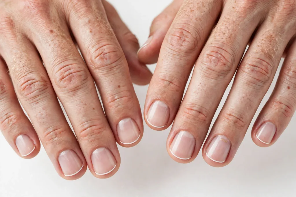 Father's Day French tip nails with an ultra-thin white micro line along the tip edge on a clear base, shown on a man's hands with short round nails.