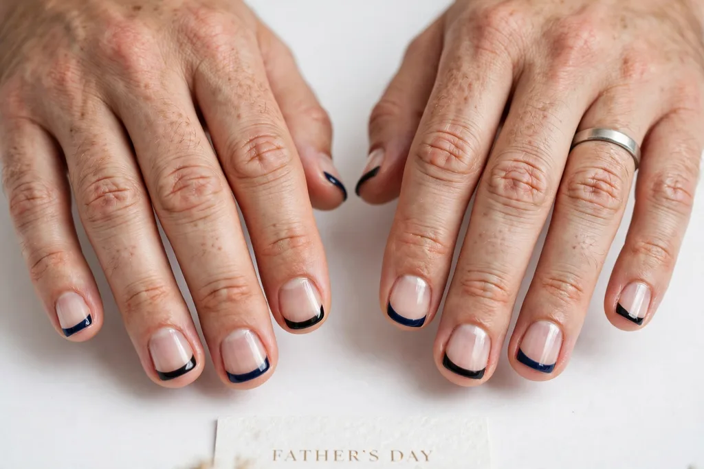 Father's Day French tip nails alternating deep navy and black tips on a clear natural base, shown on a man's hands with short squoval nails.
