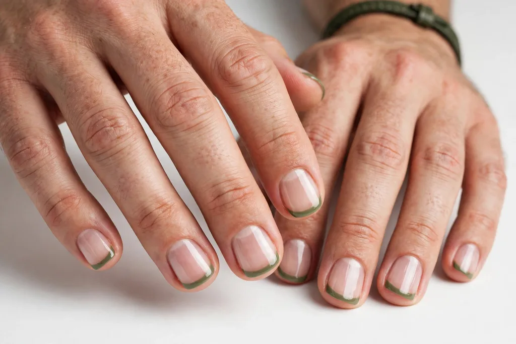 Father's Day French tip nails with muted olive green tips on a clear natural base, shown on a man's hands with short squoval nails.