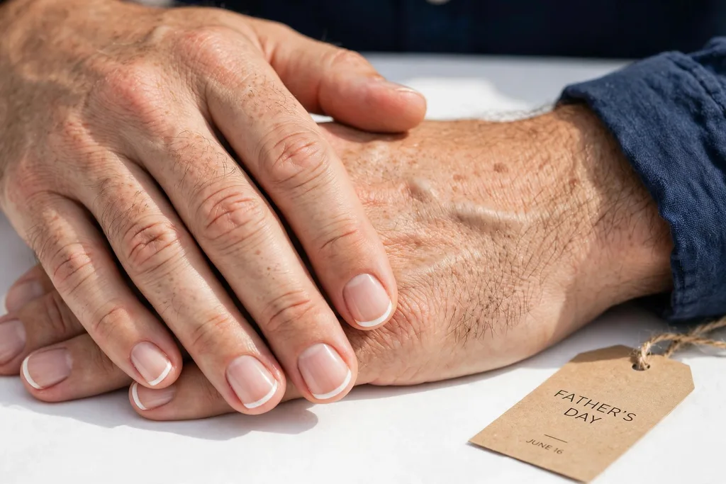 Father's Day French tip nails with a sheer natural tint and soft white tips for a healthy, groomed look, shown on a man's hands with short oval nails.