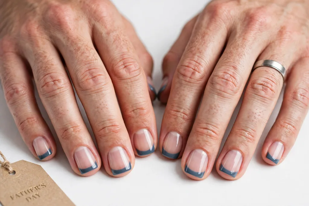 Father's Day French tip nails with slate blue-grey glossy tips on a clear natural base, shown on a man's hands with short square nails.