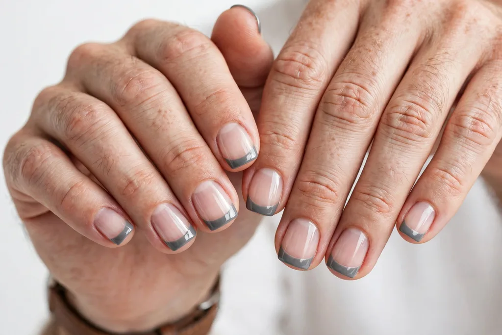 Father's Day French tip nails with smooth steel grey glossy tips on a clear base, shown on a man's hands with short square nails.