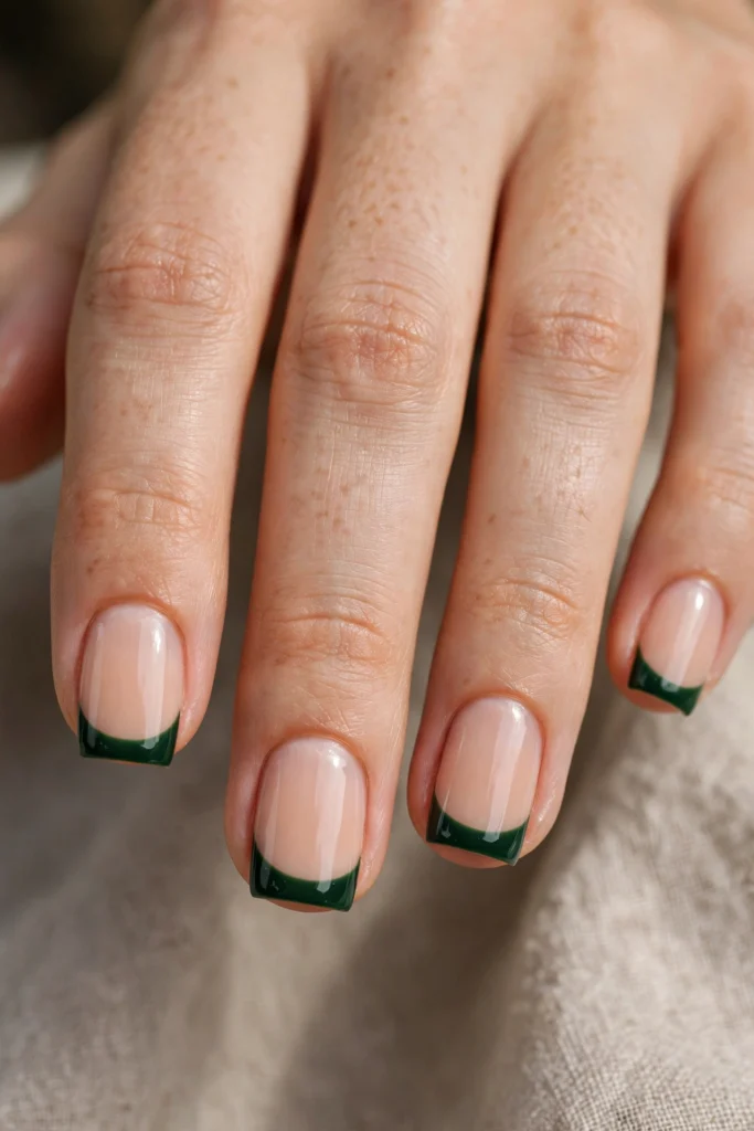 Short square nails with deep forest green French tips in a high-gloss finish over a nude base.