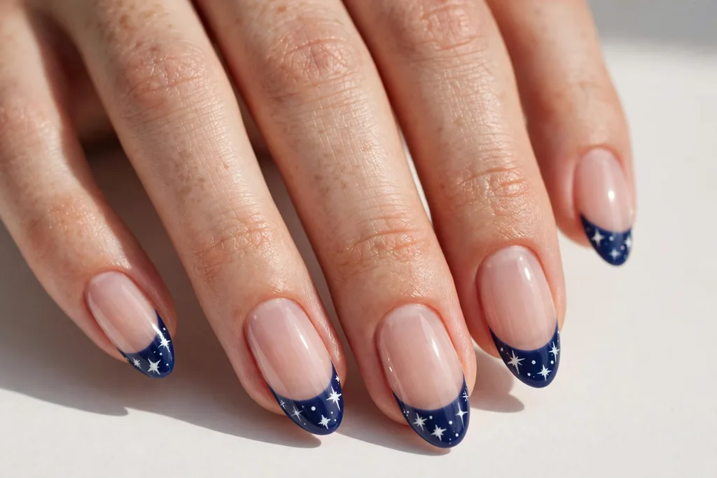 Blue Fourth of July French Tips with White Stars Fourth of July French tip nails with navy blue tips and tiny white stars painted on the tips on a sheer nude base, shown on medium almond nails.