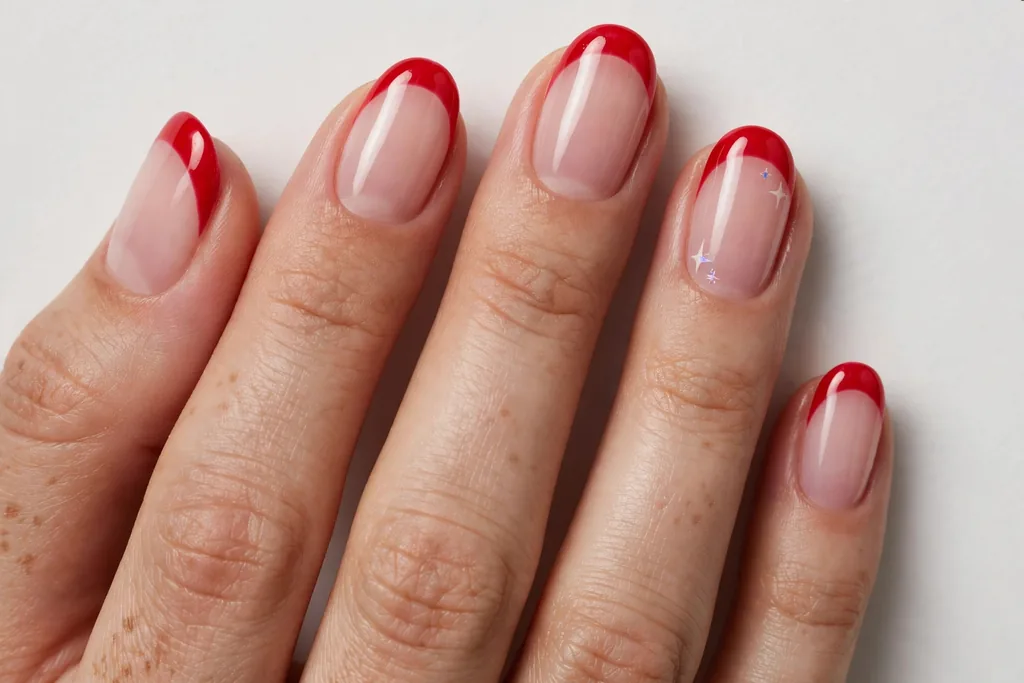 Cherry Red Fourth of July French Tip Nails Fourth of July French tip nails with bright cherry red glossy tips on a sheer pink base, shown on short oval nails.