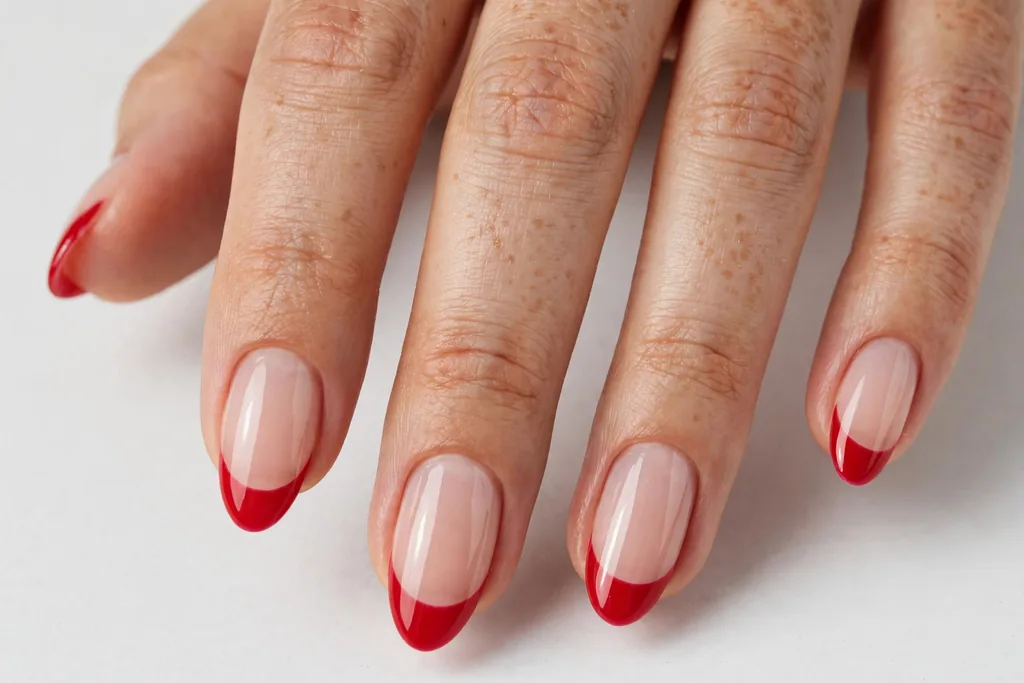 Classic Red Fourth of July French Tip Nails Fourth of July French tip nails with classic red glossy tips on a sheer nude base, shown on medium almond nails.