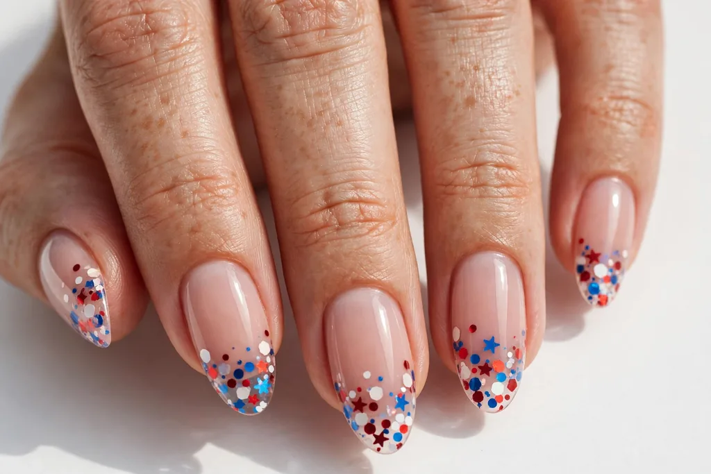 Confetti Fourth of July French Tip Nails Fourth of July French tip nails with clear tips filled with red, white, and blue confetti pieces on a sheer nude base, shown on medium almond nails.
